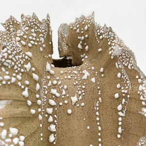 close up of barrel coral vase, done by Darina Palmire for Atelier Palmire. Handmade ceramics and pottery.